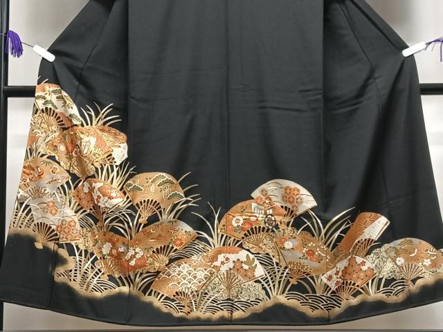 平和屋着物■豪華黒留袖 扇面御所車花文 金彩 正絹 逸品 CABI7079xe