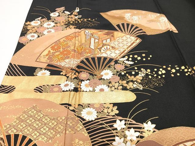 平和屋着物■豪華黒留袖 駒刺繍 扇面立波花文 金彩 正絹 逸品 CABI7101xe