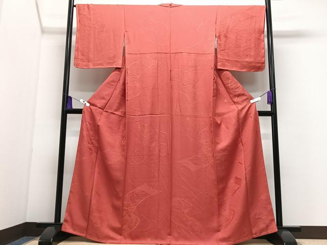 平和屋着物■上質な色無地 絵巻花地紋 照柿色 正絹 逸品 未使用 CABI7112xe
