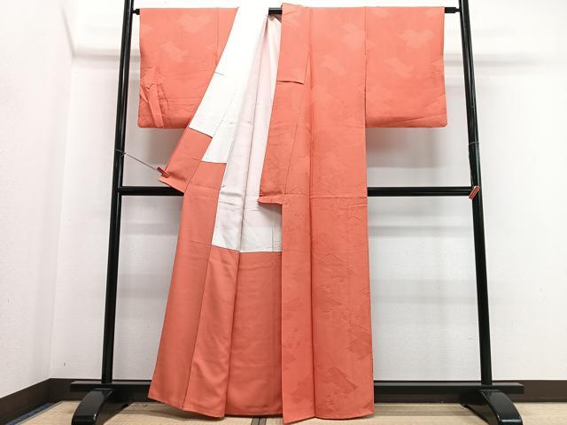 平和屋着物■上質な色無地 松皮菱花唐草地紋 黄赤色 正絹 逸品 CABI7130xe