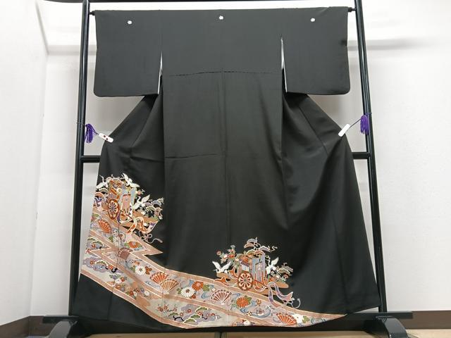 平和屋着物■豪華黒留袖 駒刺繍 御所車扇面花松文 金彩 正絹 逸品 CABI7152xe