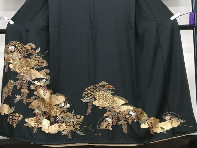 平和屋着物■豪華黒留袖 駒刺繍 扇面花文 金彩 正絹 逸品 CABI7154xe