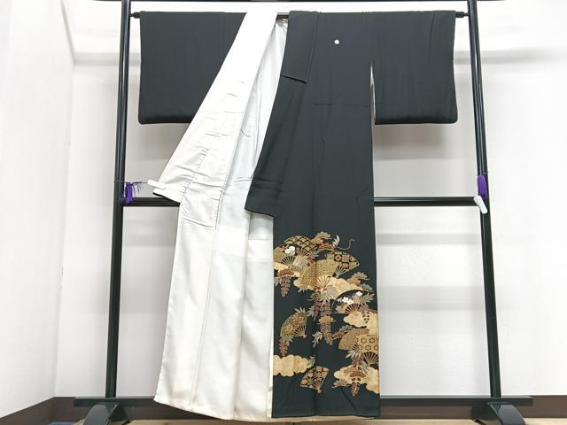 平和屋着物■豪華黒留袖 駒刺繍 扇面花文 金彩 正絹 逸品 CABI7154xe