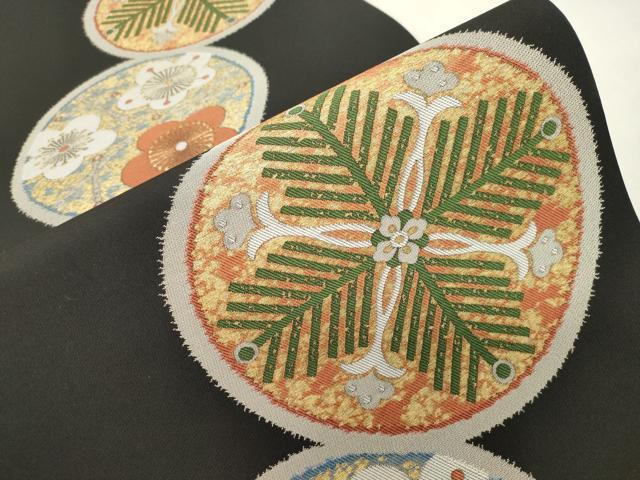 平和屋着物●六通柄袋帯 松竹梅 黒地 金糸 正絹 逸品 CABI7203dy
