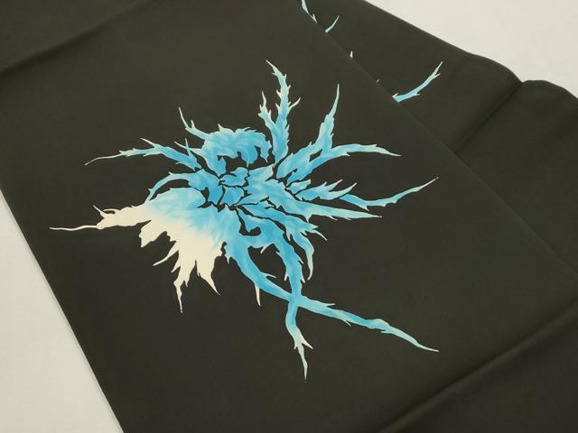 平和屋着物●九寸名古屋帯 ろうけつ染め 草木文 黒地 正絹 逸品 CABI7223dy