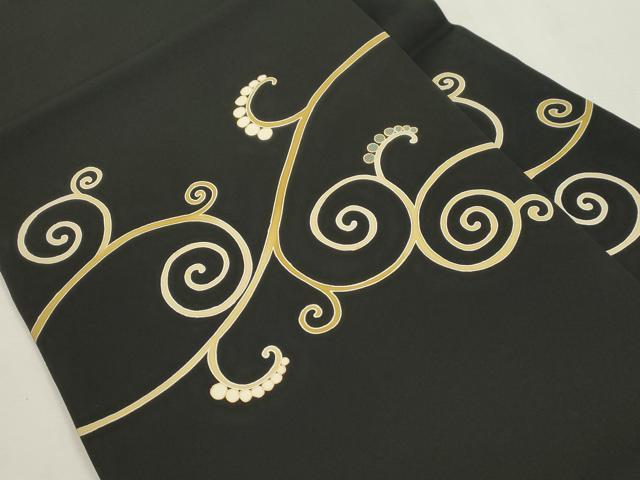 平和屋着物●塩瀬 九寸名古屋帯 唐草文 黒地 金彩 正絹 逸品 CABI7224dy