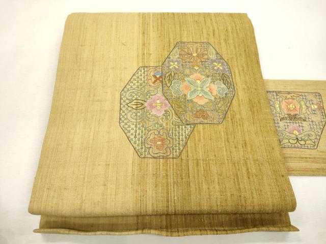 平和屋着物●中国三大刺繍 スワトウ刺繍 相良刺繍 総刺繍 九寸名古屋帯 紬地 幾何学花文 金糸 正絹 逸品 CABI7227dy