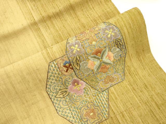平和屋着物●中国三大刺繍 スワトウ刺繍 相良刺繍 総刺繍 九寸名古屋帯 紬地 幾何学花文 金糸 正絹 逸品 CABI7227dy