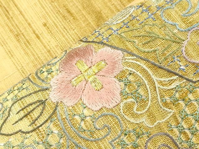 平和屋着物●中国三大刺繍 スワトウ刺繍 相良刺繍 総刺繍 九寸名古屋帯 紬地 幾何学花文 金糸 正絹 逸品 CABI7227dy