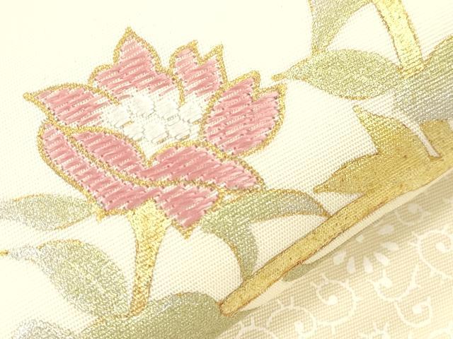 平和屋着物●塩瀬 九寸名古屋帯 駒刺繍 枝花文 金彩 正絹 逸品 CABI7232dy