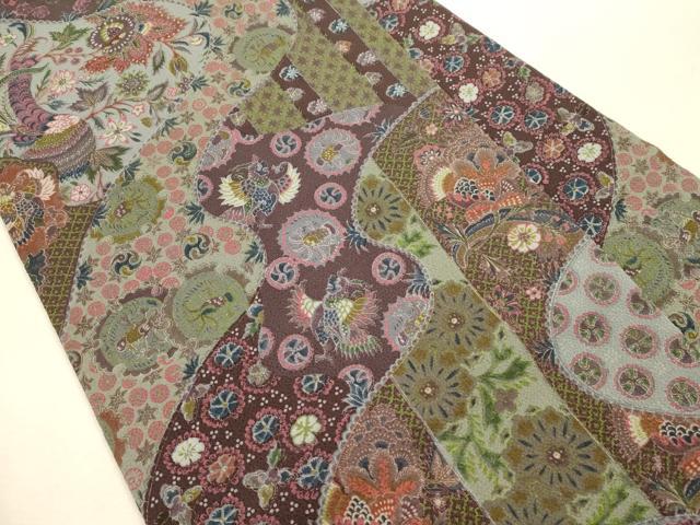 平和屋着物●全通柄九寸名古屋帯 作家物 更紗花鳥文 鬼しぼ縮緬 正絹 逸品 CABI7245dy
