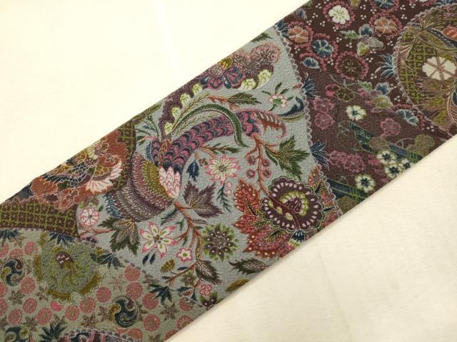 平和屋着物●全通柄九寸名古屋帯 作家物 更紗花鳥文 鬼しぼ縮緬 正絹 逸品 CABI7245dy