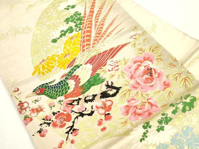 平和屋着物●アンティーク 大正ロマン 九寸名古屋帯 唐織 地紙尾長鳥花文 金糸 正絹 逸品 CABI7257dy