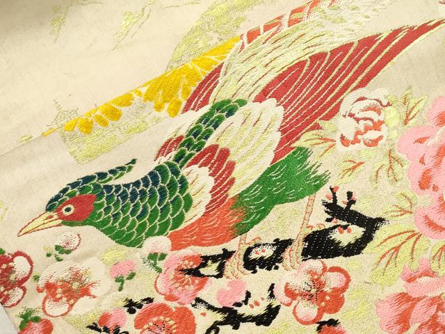 平和屋着物●アンティーク 大正ロマン 九寸名古屋帯 唐織 地紙尾長鳥花文 金糸 正絹 逸品 CABI7257dy