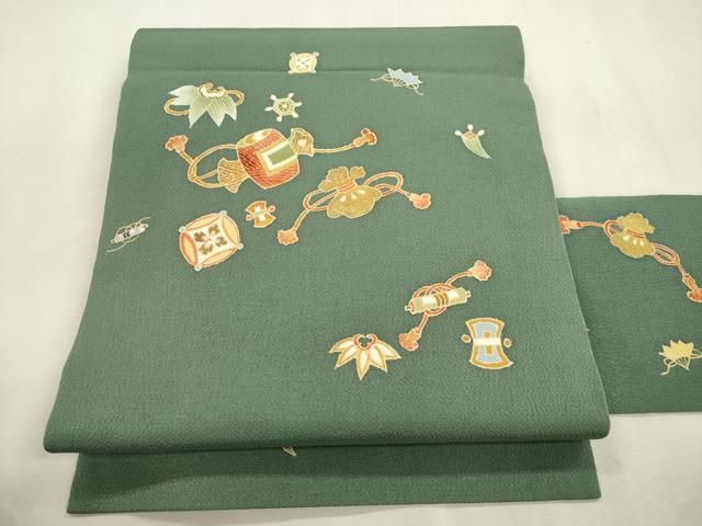 平和屋着物●九寸名古屋帯 宝尽くし文 金彩 鬼しぼ縮緬 正絹 逸品 CABI7259dy