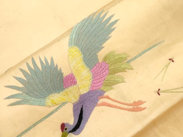 平和屋着物●アンティーク 大正ロマン 九寸名古屋帯 総手刺繍 飛鶴文 正絹 逸品 CABI7263dy