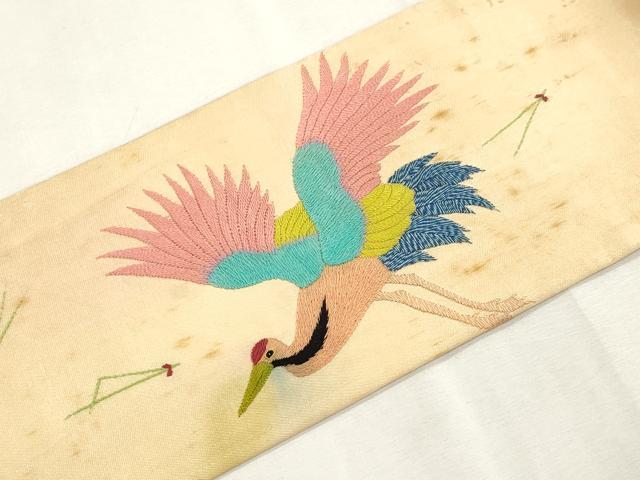 平和屋着物●アンティーク 大正ロマン 九寸名古屋帯 総手刺繍 飛鶴文 正絹 逸品 CABI7263dy