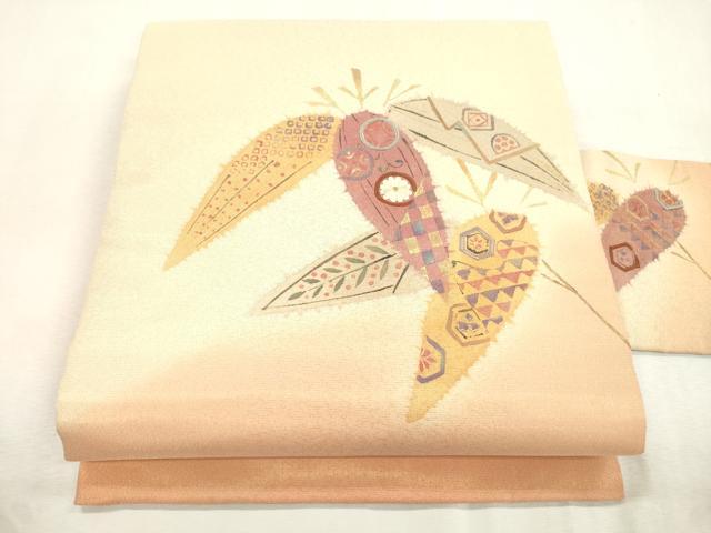 平和屋着物●九寸名古屋帯 刺繍 笹花文 金通し地 正絹 逸品 CABI7264dy