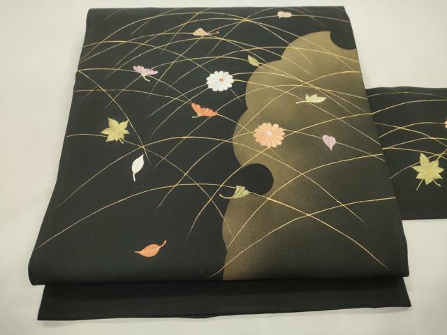 平和屋着物●塩瀬 九寸名古屋帯 刺繍 雪輪草花文 黒地 金彩 正絹 逸品 CABI7266dy