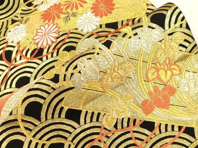 平和屋着物●希少 だらり帯 芸姑 舞妓 唐織 筏花文 黒地 金糸 正絹 逸品 CABI7269dy