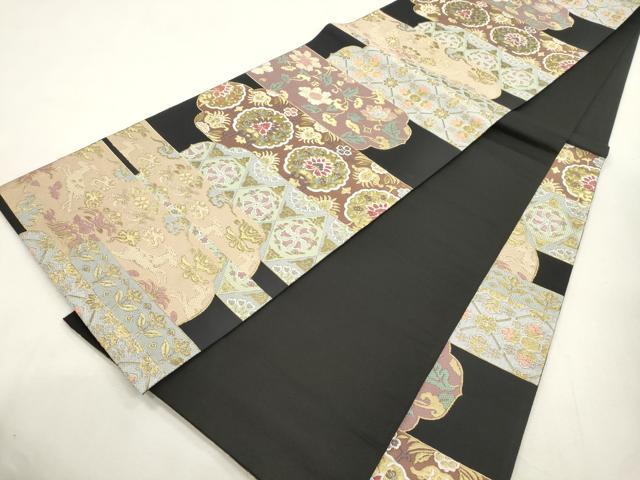 平和屋着物●六通柄袋帯 唐織 印華宝飾 黒地 金糸 正絹 逸品 CABI7273dy