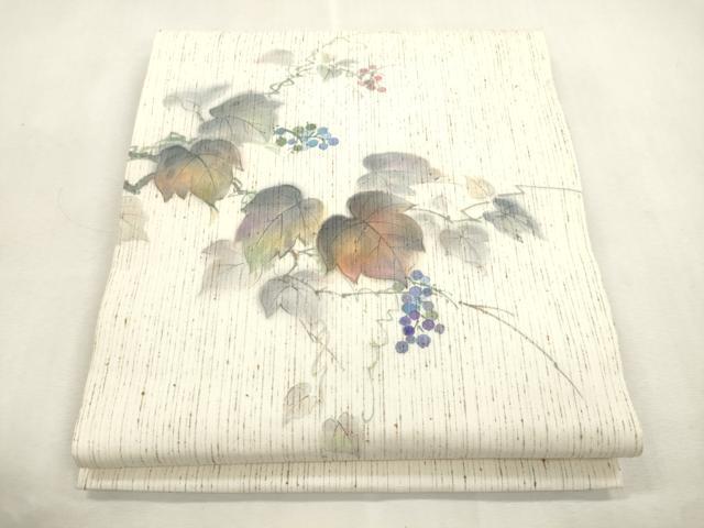 平和屋着物●九寸開き名古屋帯 作家物 ぜんまい紬 手描き 葡萄蔦の葉文 正絹 逸品 CABI7286dy