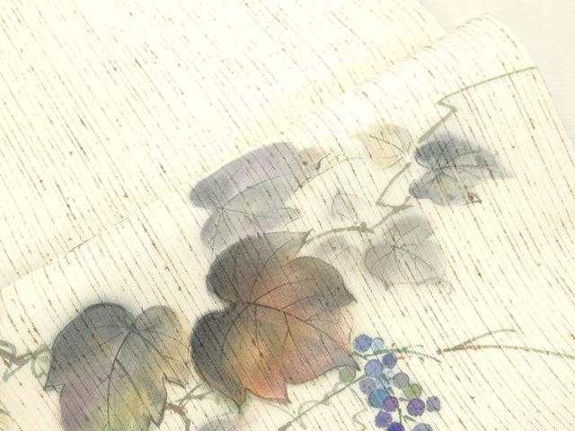 平和屋着物●九寸開き名古屋帯 作家物 ぜんまい紬 手描き 葡萄蔦の葉文 正絹 逸品 CABI7286dy
