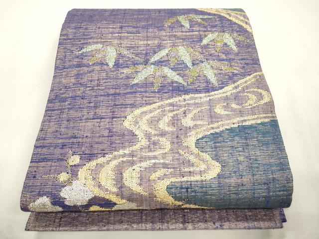 平和屋着物●六通柄袋帯 流水草花文 金糸 正絹 逸品 CABI7304dy
