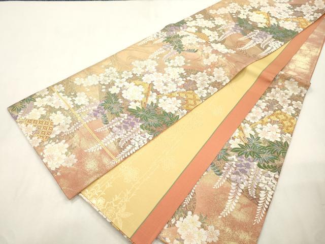 平和屋着物●六通柄袋帯 唐織 扇面草花文 金糸 正絹 逸品 CABI7307dy