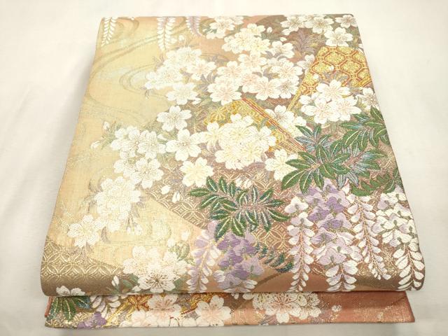平和屋着物●六通柄袋帯 唐織 扇面草花文 金糸 正絹 逸品 CABI7307dy