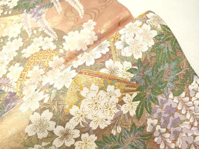 平和屋着物●六通柄袋帯 唐織 扇面草花文 金糸 正絹 逸品 CABI7307dy