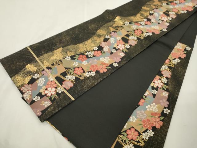 平和屋着物●六通柄袋帯 唐織 短冊花蝶文 黒地 金糸 正絹 逸品 CABI7308dy
