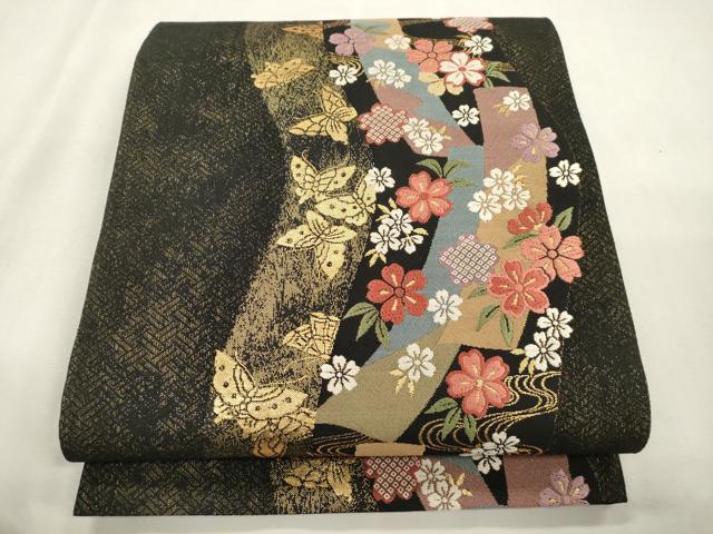 平和屋着物●六通柄袋帯 唐織 短冊花蝶文 黒地 金糸 正絹 逸品 CABI7308dy