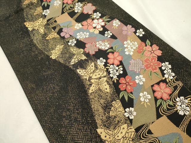 平和屋着物●六通柄袋帯 唐織 短冊花蝶文 黒地 金糸 正絹 逸品 CABI7308dy