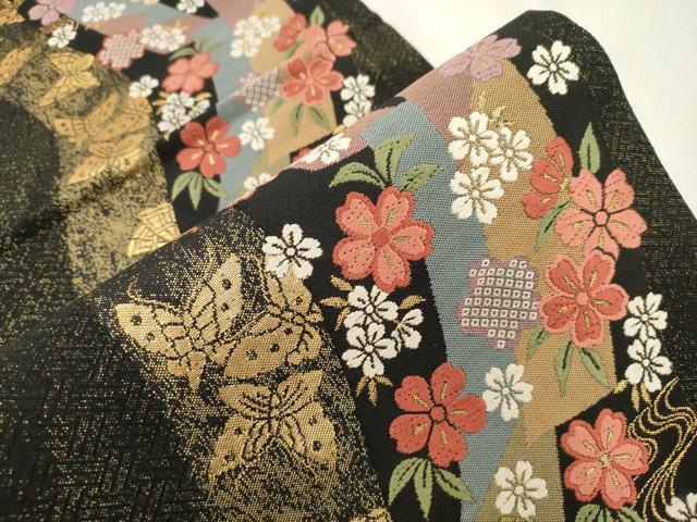 平和屋着物●六通柄袋帯 唐織 短冊花蝶文 黒地 金糸 正絹 逸品 CABI7308dy