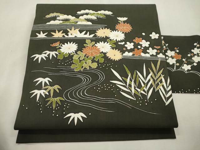 平和屋着物●塩瀬 九寸名古屋帯 松竹梅花文 黒地 正絹 逸品 CABI7313dy