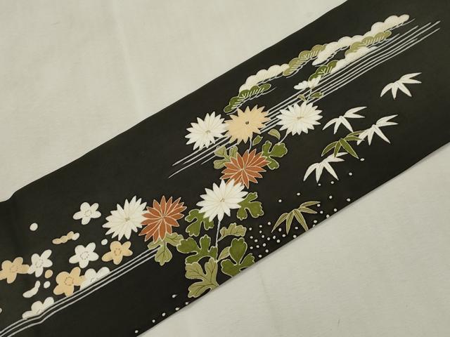 平和屋着物●塩瀬 九寸名古屋帯 松竹梅花文 黒地 正絹 逸品 CABI7313dy