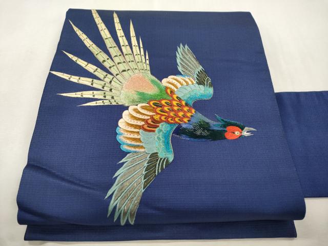平和屋着物●アンティーク 大正ロマン 九寸名古屋帯 総手刺繍 尾長鳥文 金糸 正絹 逸品 CABI7316dy