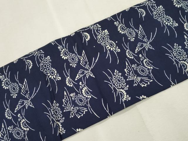 平和屋着物●全通柄九寸名古屋帯 紬地 藍 型染め 花蝶文 正絹 逸品 CABI7328dy