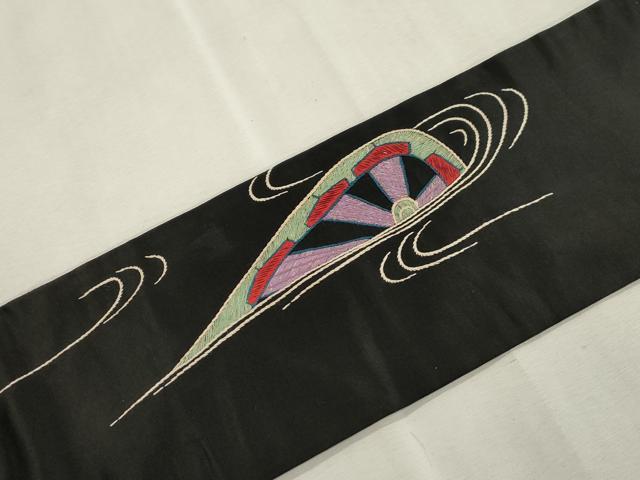 平和屋着物●アンティーク 大正ロマン 九寸名古屋帯 総手刺繍 片輪車文 黒地 金糸 正絹 逸品 CABI7336dy