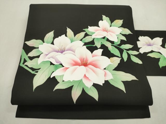 平和屋着物●塩瀬 九寸名古屋帯 手描き 草花文 黒地 正絹 逸品 CABI7341dy