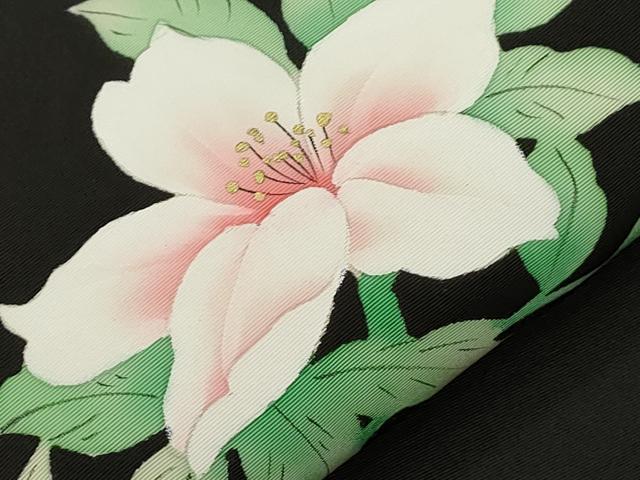 平和屋着物●塩瀬 九寸名古屋帯 手描き 草花文 黒地 正絹 逸品 CABI7341dy