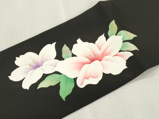 平和屋着物●塩瀬 九寸名古屋帯 手描き 草花文 黒地 正絹 逸品 CABI7341dy