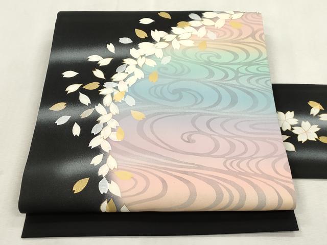 平和屋着物●塩瀬 九寸名古屋帯 流水舞桜文 黒地 金銀彩 正絹 逸品 CABI7351dy
