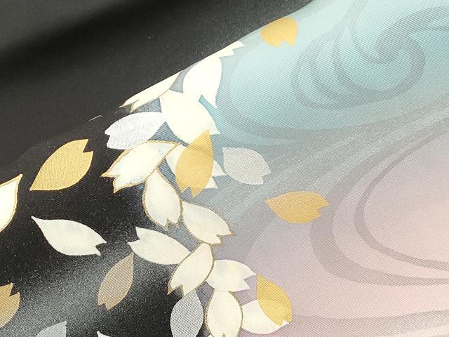 平和屋着物●塩瀬 九寸名古屋帯 流水舞桜文 黒地 金銀彩 正絹 逸品 CABI7351dy