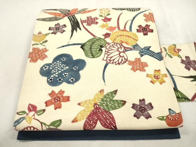 平和屋着物●九寸名古屋帯 紬地 型染め 草花文 正絹 逸品 CABI7353dy