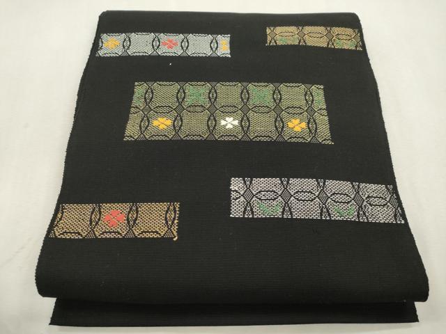 平和屋着物●八寸名古屋帯 総刺繍 横段花文 黒地 正絹 逸品 CABI7355dy