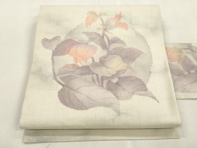 平和屋着物●九寸名古屋帯 作家物 手描き 紬地 ろうけつ染め 草花文 正絹 逸品 未使用 CABI7361dy