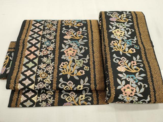 平和屋着物●つけ帯 市楽織 草花間道 黒地 金糸 正絹 逸品 CABI7372dy