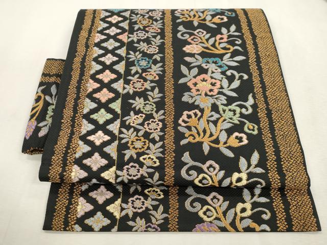 平和屋着物●つけ帯 市楽織 草花間道 黒地 金糸 正絹 逸品 CABI7372dy
